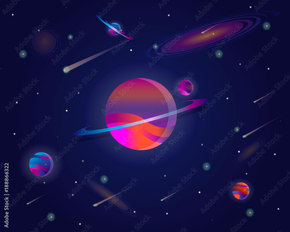 Wall mural vector realistic and futuristic space background with bright light planets and stars. abstract unive