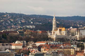 Fototapeta na wymiar Matthias Church and cityscape of Budapest from dome terrace of St. Stephen's Basilica in BudaPest, Hungary.