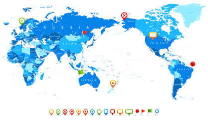 Fototapeta na wymiar World Map Blue and Icons - Asia in Center