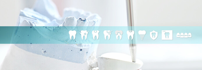 Dental technician concept articulator tool with teeth icons and symbols web banner background