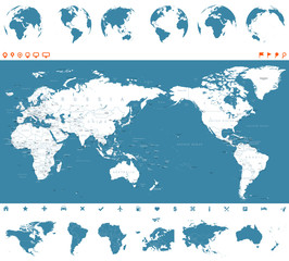 World Map Blue and Globes - Asia in Center
