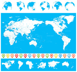 World Map Blue White and Globes - Asia in Center