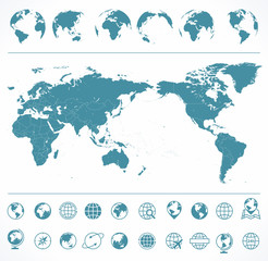 World Map Blue Green and Globes - Asia in Center