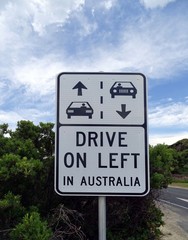  A road sign warning that drivers must adhere to the left hand side of the road when driving in Australia.           