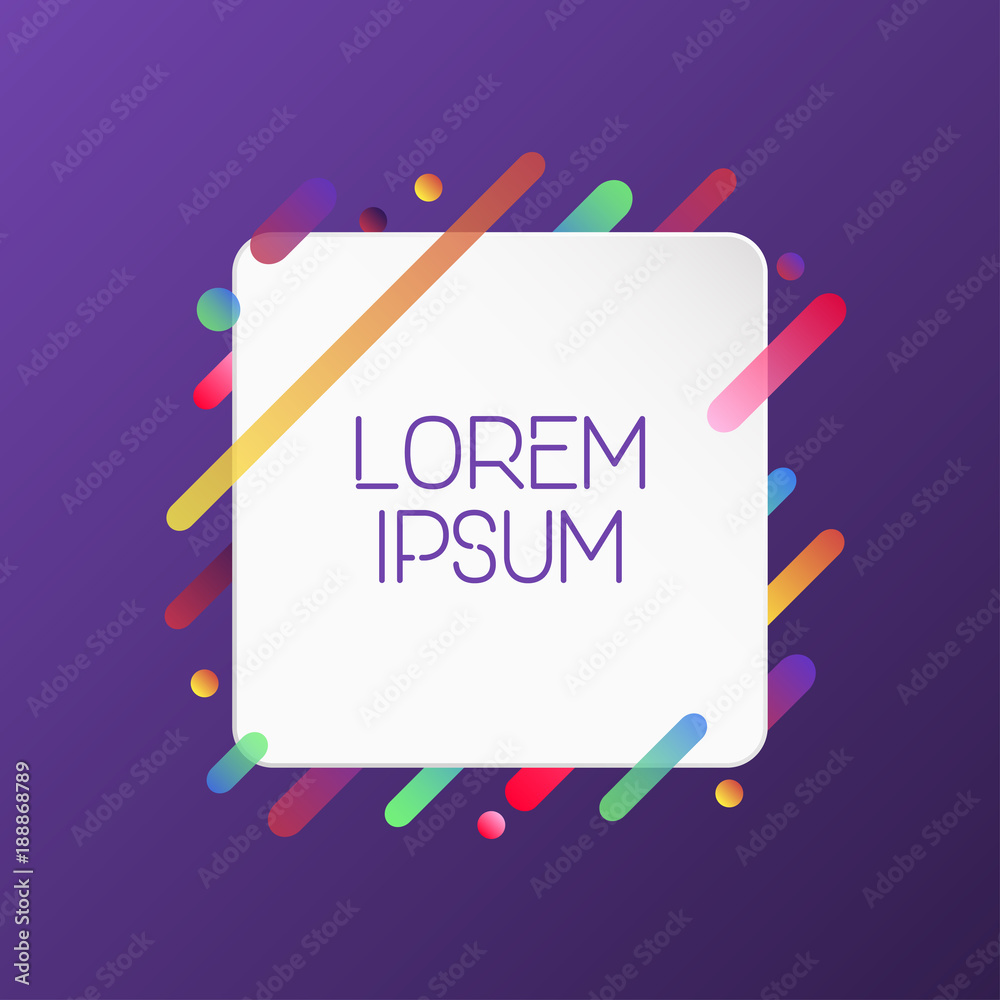 Poster Banner with colorful rounded gradient diagonal lines. Square frame with trendy neon stripes at purple violet background. Vector illustration.