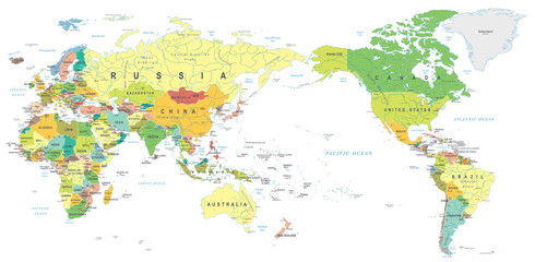 World Map Color - Asia in Center
