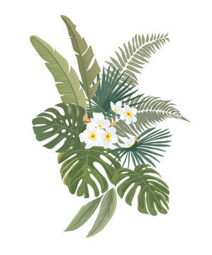 Tropical leaves and flowers. Botanical bouquet.