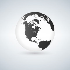 Globe icon with smooth vector shadows and black map of the continents of the world