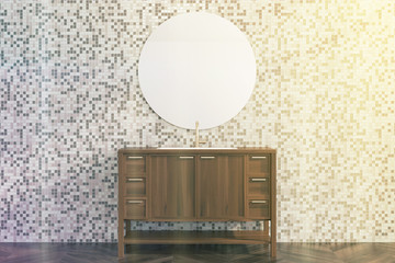 Gray tile living room, wooden dresser toned