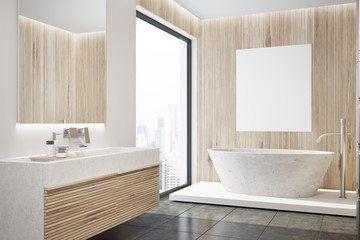 Wooden bathroom interior, tub, poster side