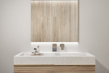 Wooden bathroom interior, sink closeup