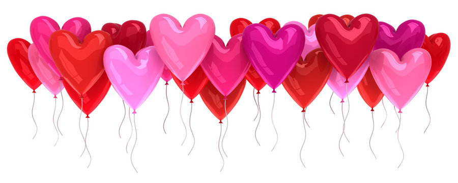 Bunch of red and pink balloons isolated on white - 3d render