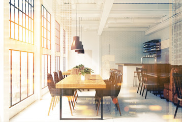 White and brick cafe interior toned