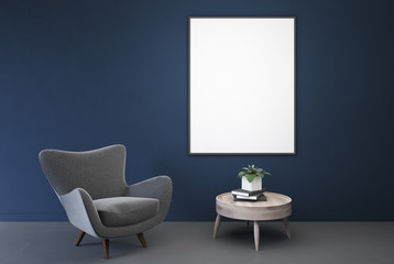 Empty blue room, gray armchair, table, poster