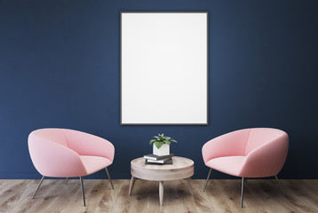 Empty blue room, pink armchairs, table, poster
