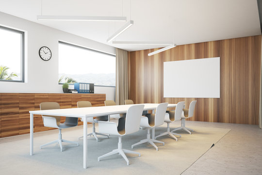 White and wooden meeting room corner poster