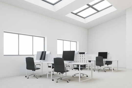 White penthouse open space office, black chairs