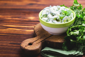 Indian cucumber raita with yoghurt, mint, cilantro. Greek tzatziki sauce