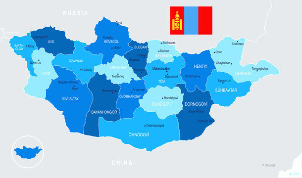 Mongolia - map and flag - Detailed Vector Illustration