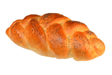 Braided bread with poppy seeds isolated on white background. Side view