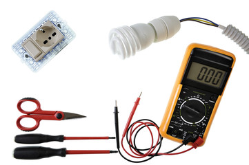 Close up from above of work tools and components for electrical installations, isolated on white...