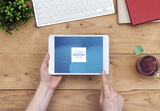 Tablet Mockup with Keyboard on Wooden Table