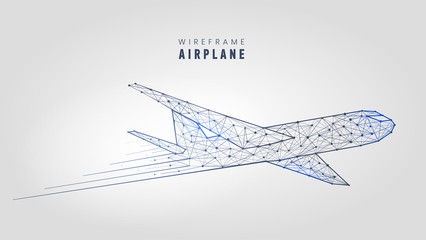 Polygonal airplane, wireframe structure. Template low poly plane on gray background vector illustration