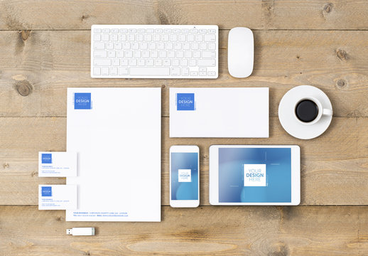 Multiple Devices and Stationery Mockup on Wooden Table 2
