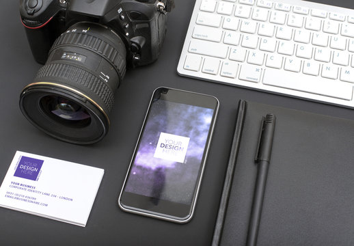 Camera and Smartphone with Stationery Mockup 1