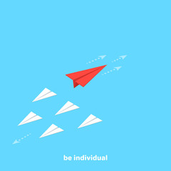 red paper airplane flies in the opposite direction from a group of other airplanes, isometric image
