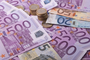 Euro banknotes, coins