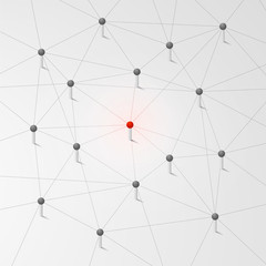 Geometric background. Grey lines connected with red dot standing out. Vector illustration. Network connection concept