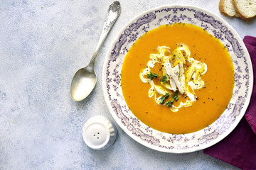 Pumpkin soup with chicken.Top view.