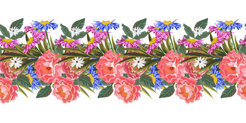 Seamless horizontal border with cute garden flowers. Flower background for textile, cover, wallpaper, gift packaging, printing.Romantic design for calico, silk.