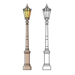 Classic street light pole or standard in flat color line design on isolated background. City lighting lamp - outdoor object in thin linear style.