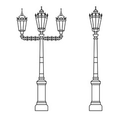 Classic street light pole or standard in flat color line design on isolated background. City lighting lamp - outdoor object in thin linear style.