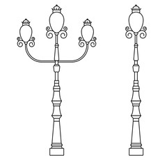 Traditional street light with decoration and three round lamps in flat line design. Streetlight, lamp pole, pillar, lamppost illustration - element for city constructors, maps, tourist materials.