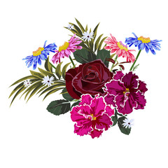 Bouquet of garden flowers. Decor elements for greeting cards, wedding invitations, birthday and other celebrations. Isolated on white background.