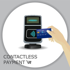 POS Terminal with hand and credit card. Contactless payment, approved. Near-field communication protocol. Vector Icon. Wifi Mobile Pay. Wireless bankmobile, NFC