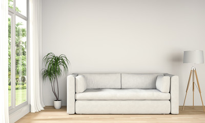 3D rendering of interior modern room and green landscape in window.