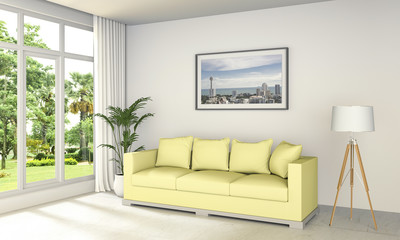 Fototapeta na wymiar 3D rendering of interior modern room and green landscape in window.