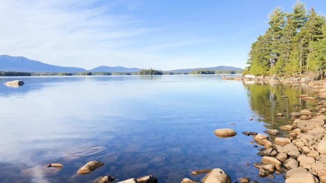 Clear, calm water and Katahdin in the background