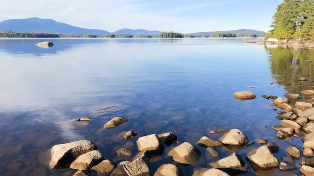 Mountain reflections in clear lake looking at Katahdin