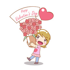 Girl is holding bouquet of flowers in Cartoon Character for Valentine's day.
