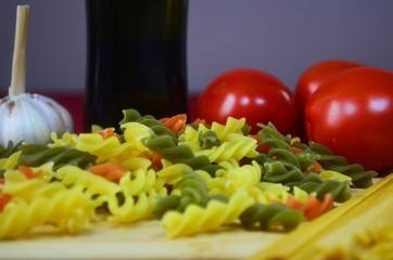 Ingredients for pasta in close up view.