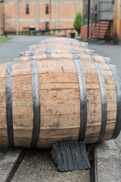 Line of Bourbon Barrels In The Rain