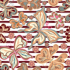 Abstract hand drawn stripped pattern with butterflies. Wrapping print. Repeat background.