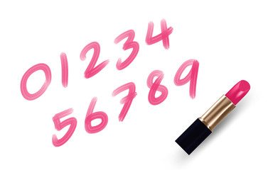 Number 0-9 write by Lipstick pink color isolated on white background, with copy space