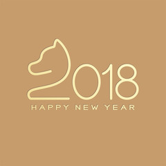 Happy chinese new year 2018 text, Dog crouch line stroke design gold color isolated on light brown background with copy space