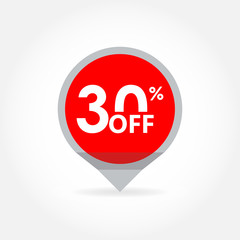30% price off pointer or marker. Sale and discount tag icon. Vector illustration.